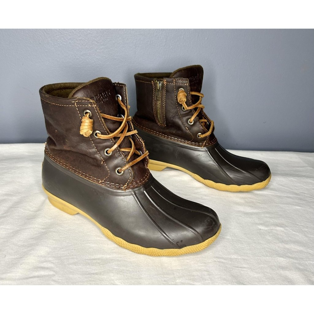 Sperry Saltwater Duck Boots Womens Size 6.5 Brown Leather Rubber Side Zip